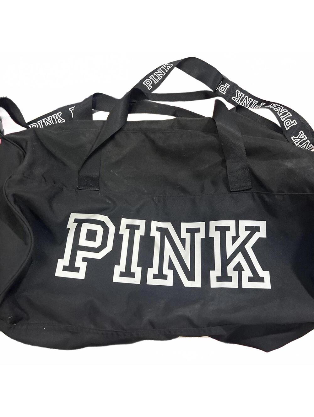 Victorias Secret PINK Black Duffle Bag with White Logo Spacious Gym andTravel